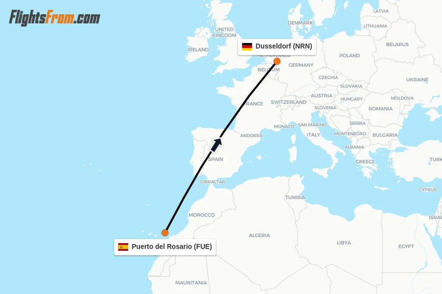 Flights from Puerto del Rosario to Dusseldorf route map