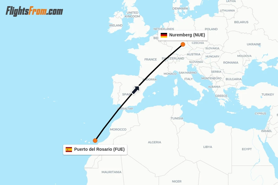 Flights from Puerto del Rosario to Nuremberg route map