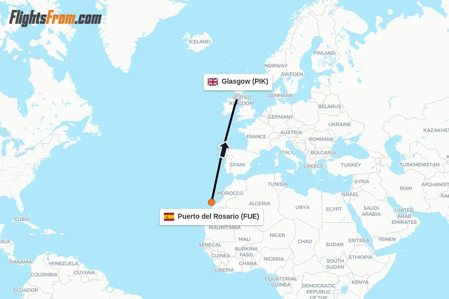 Flights from Puerto del Rosario to Glasgow route map