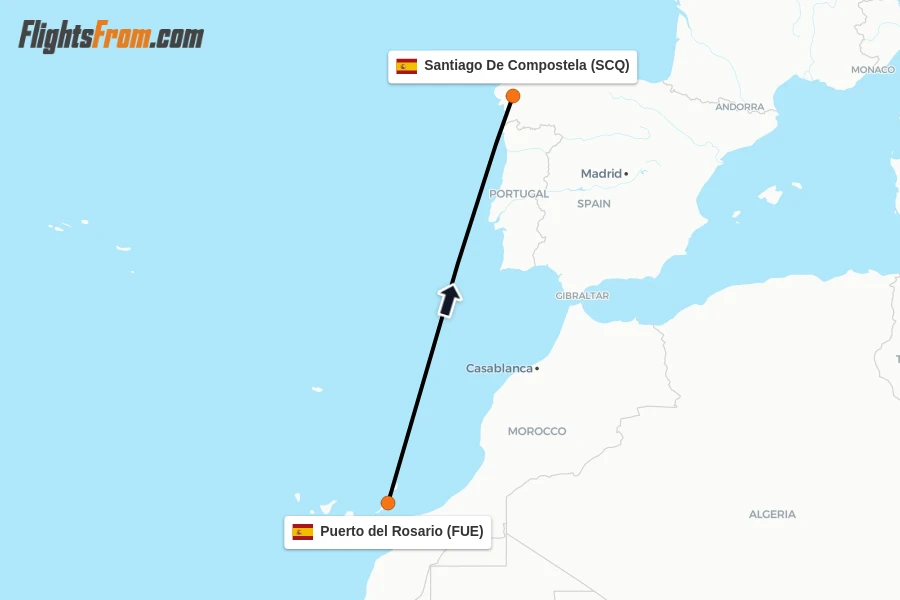 Flights from Puerto del Rosario to Santiago De Compostela route map