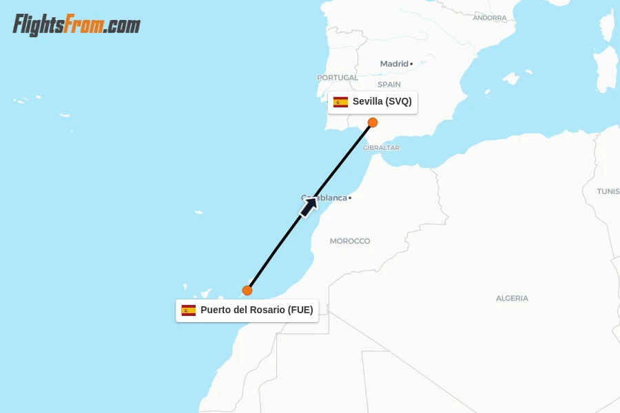 Flights from Puerto del Rosario to Sevilla route map