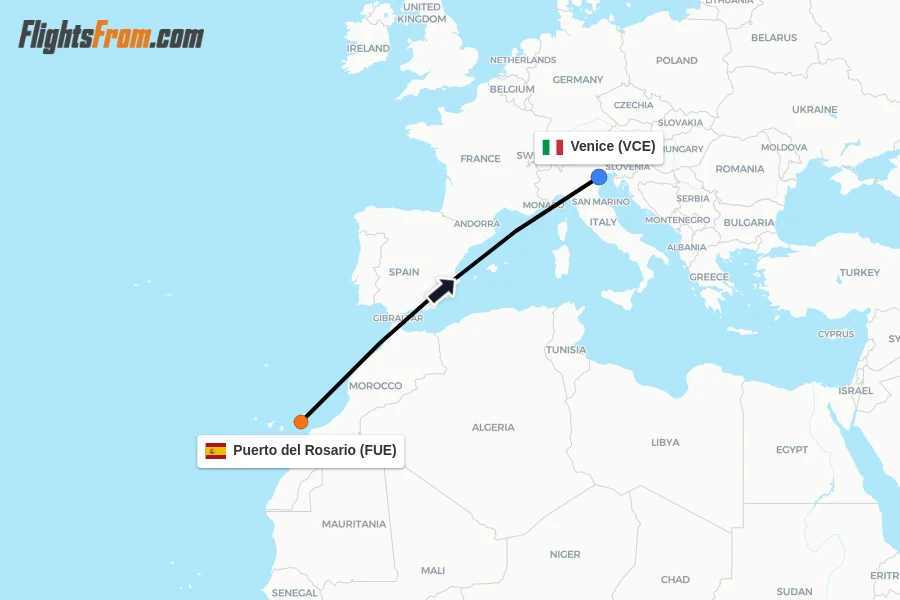Flights from Puerto del Rosario to Venice route map