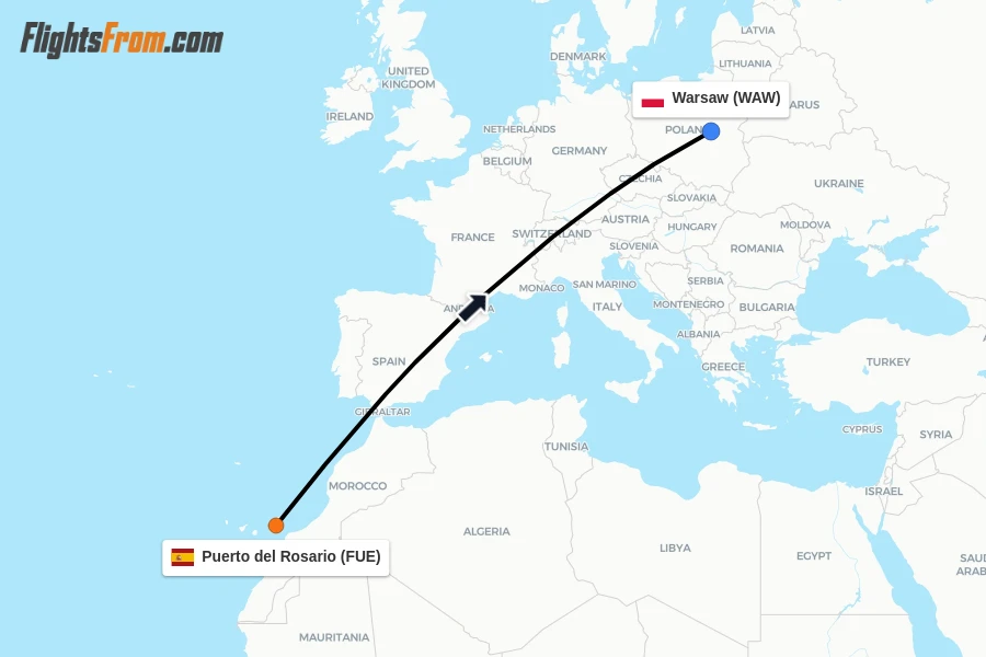 Flights from Puerto del Rosario to Warsaw route map