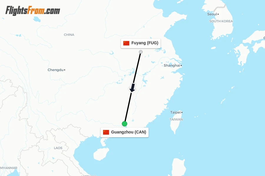 Flights from Fuyang to Guangzhou route map