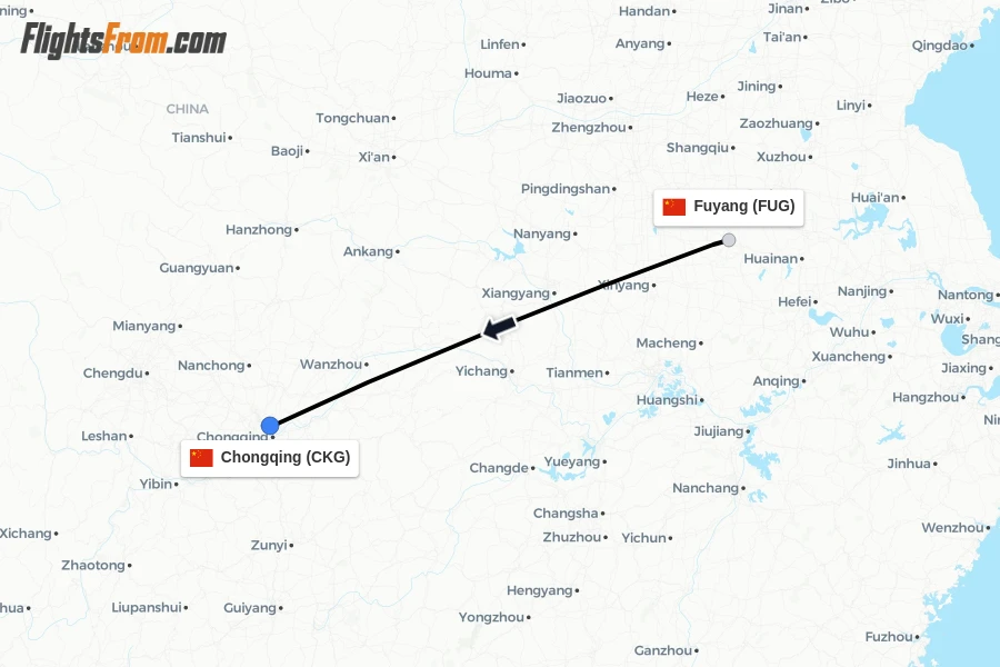 Flights from Fuyang to Chongqing route map