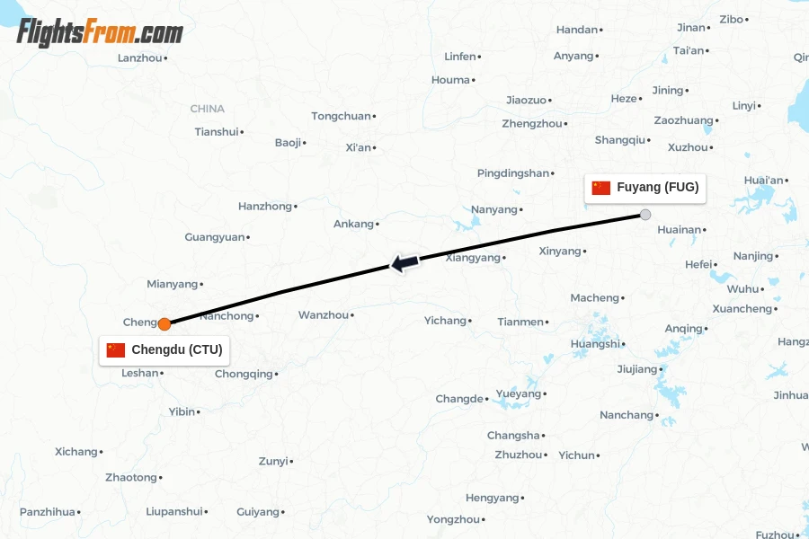 Flights from Fuyang to Chengdu route map