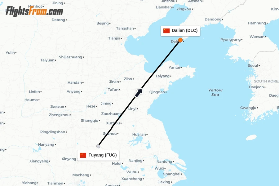 Flights from Fuyang to Dalian route map