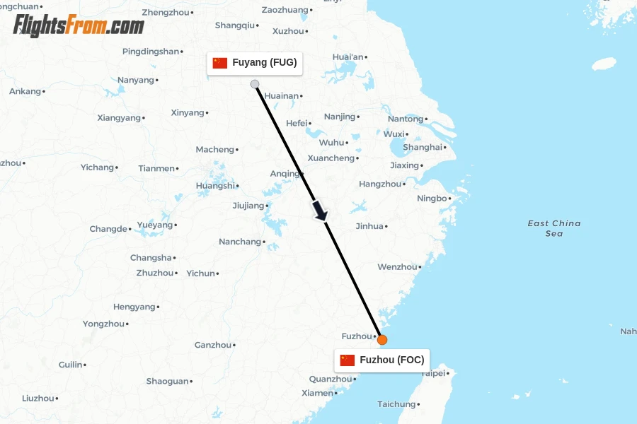 Flights from Fuyang to Fuzhou route map