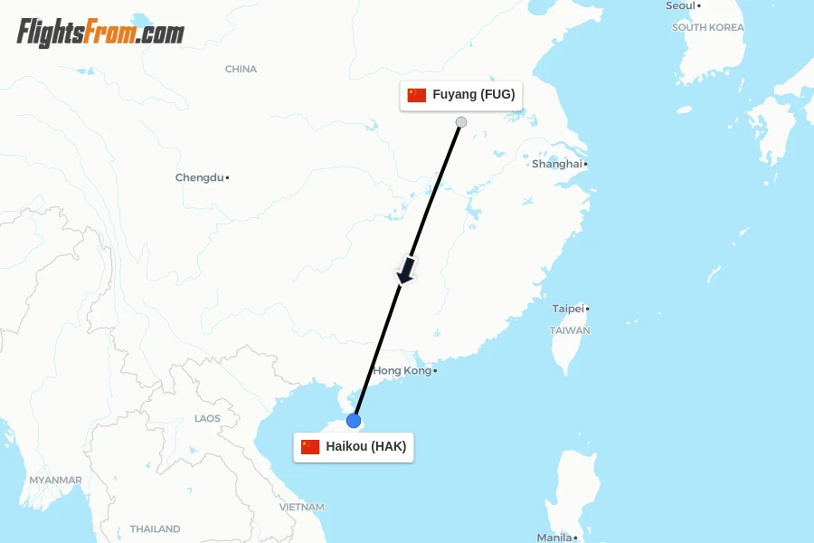 Flights from Fuyang to Haikou route map