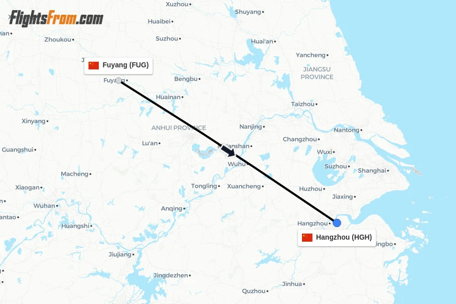 Flights from Fuyang to Hangzhou route map