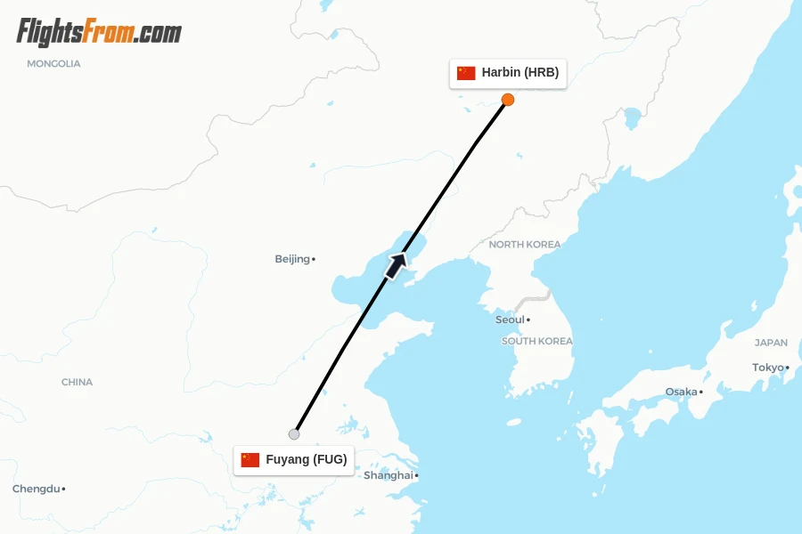 Flights from Fuyang to Harbin route map