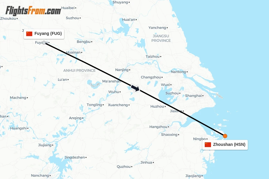 Flights from Fuyang to Zhoushan route map