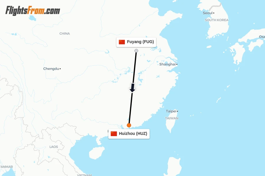 Flights from Fuyang to Huizhou route map