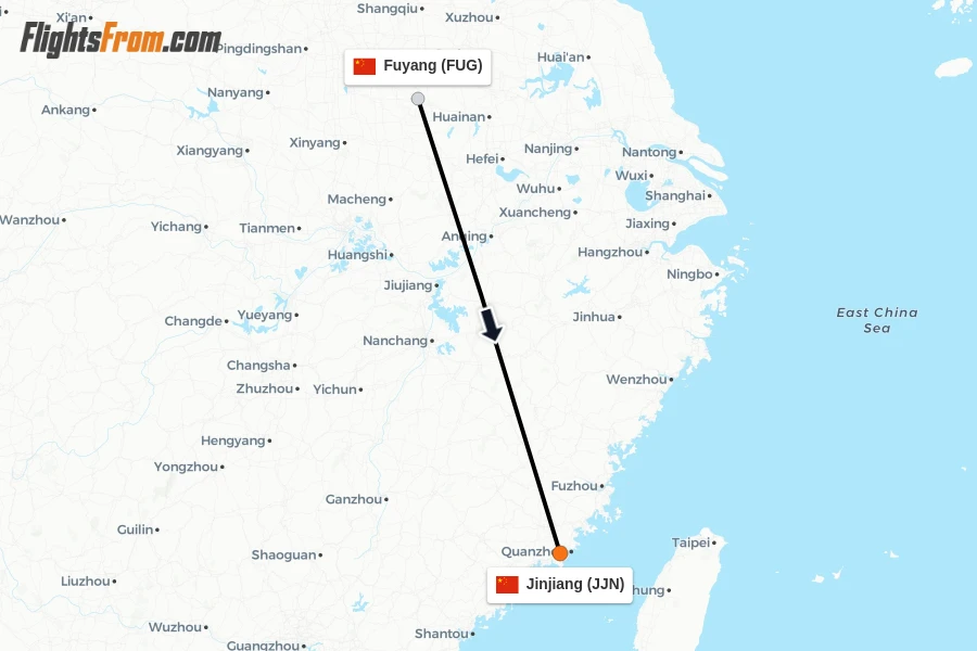 Flights from Fuyang to Jinjiang route map
