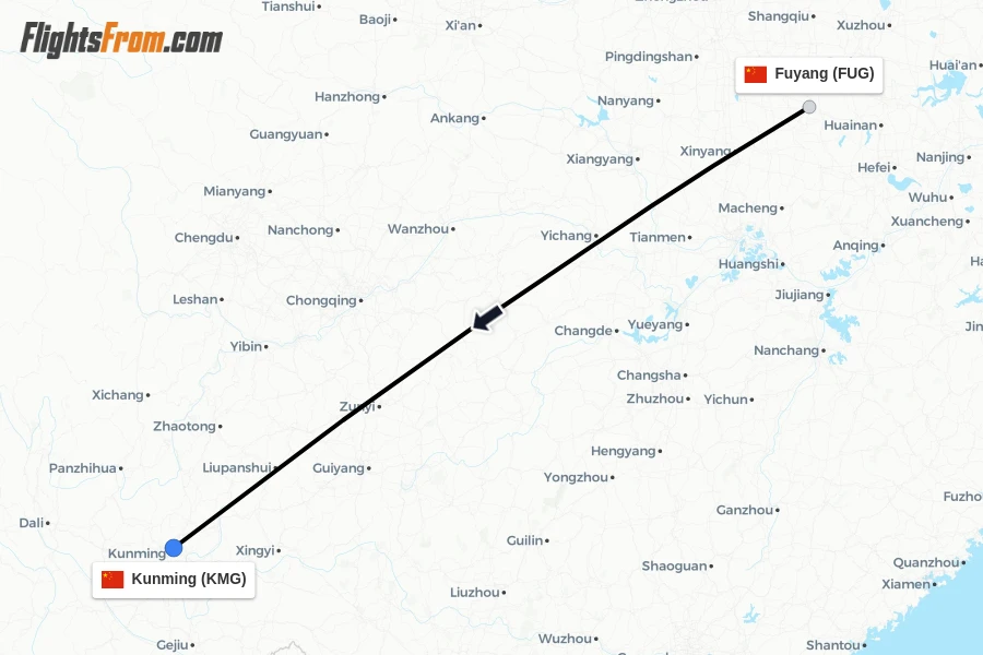 Flights from Fuyang to Kunming route map