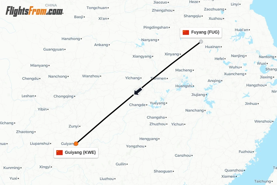 Flights from Fuyang to Guiyang route map
