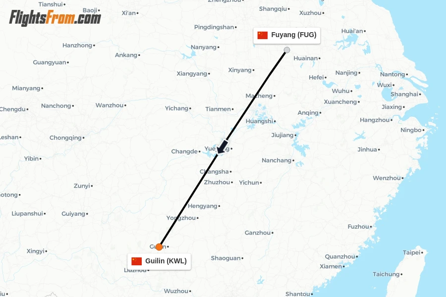 Flights from Fuyang to Guilin route map