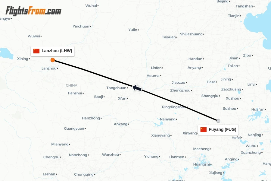 Flights from Fuyang to Lanzhou route map