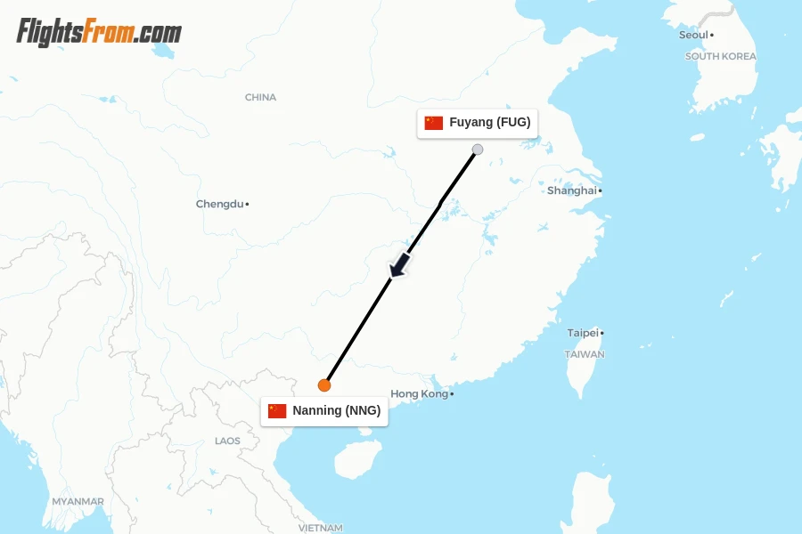 Flights from Fuyang to Nanning route map