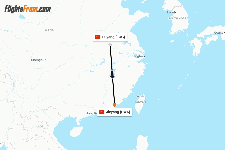 Flights from Fuyang to Jieyang route map