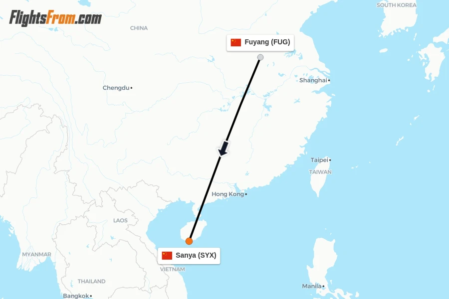 Flights from Fuyang to Sanya route map