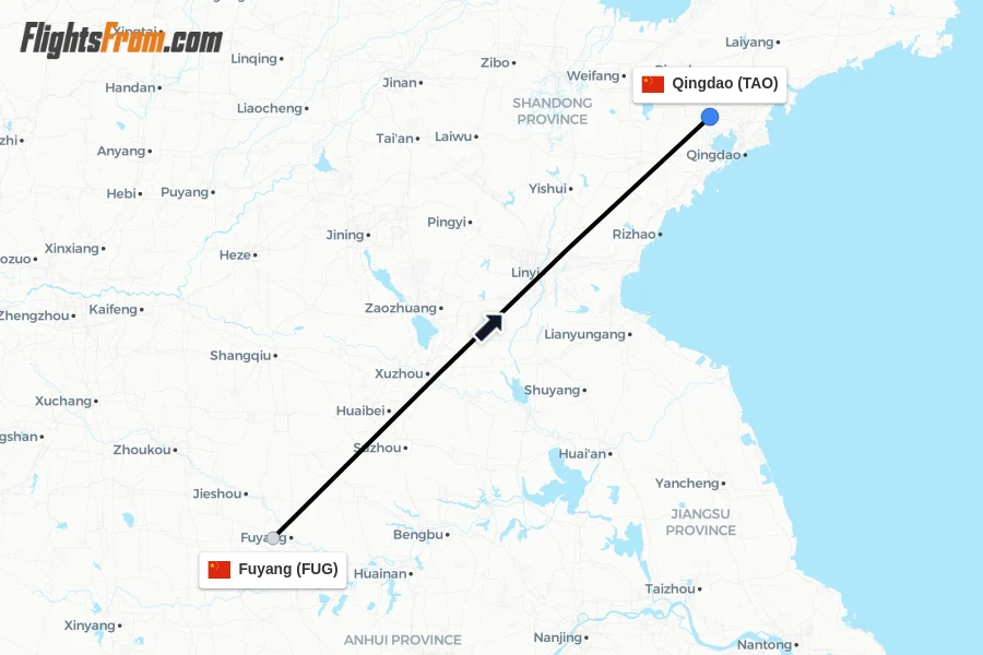 Flights from Fuyang to Qingdao route map
