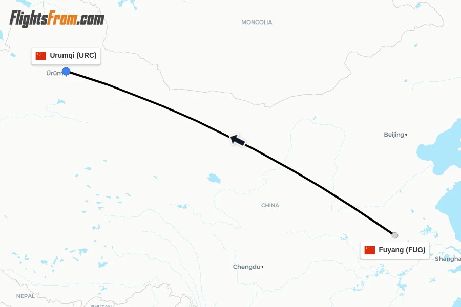Flights from Fuyang to Urumqi route map