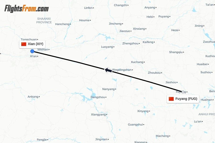 Flights from Fuyang to Xian route map