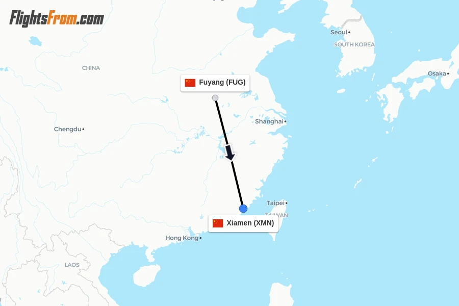 Flights from Fuyang to Xiamen route map