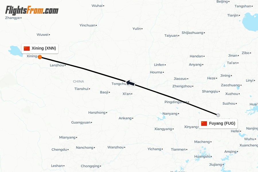 Flights from Fuyang to Xining route map