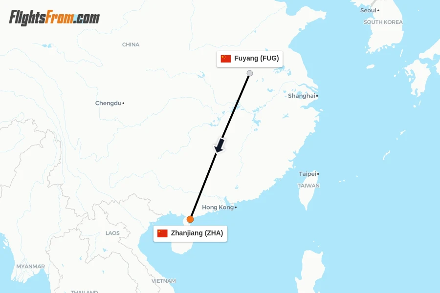 Flights from Fuyang to Zhanjiang route map