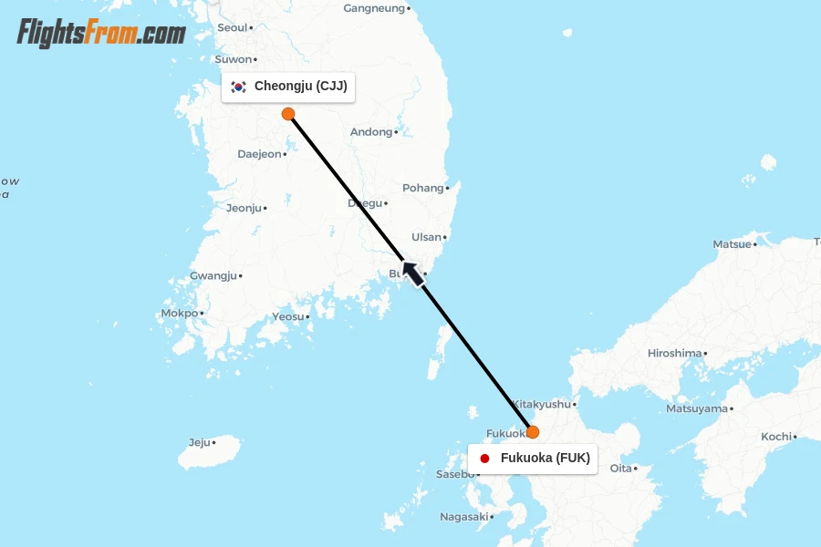 Flights from Fukuoka to Cheongju route map