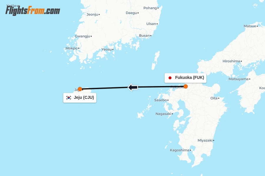 Flights from Fukuoka to Jeju route map