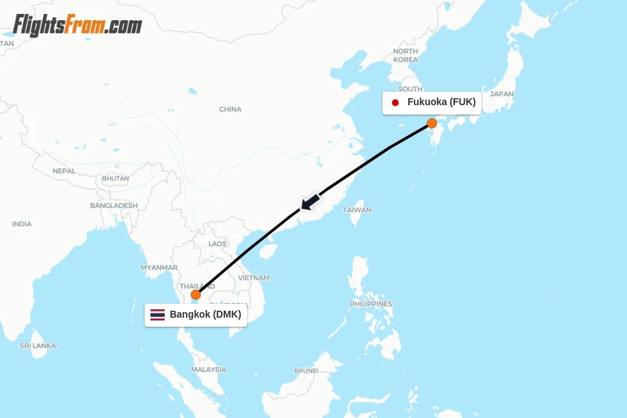 Flights from Fukuoka to Bangkok route map