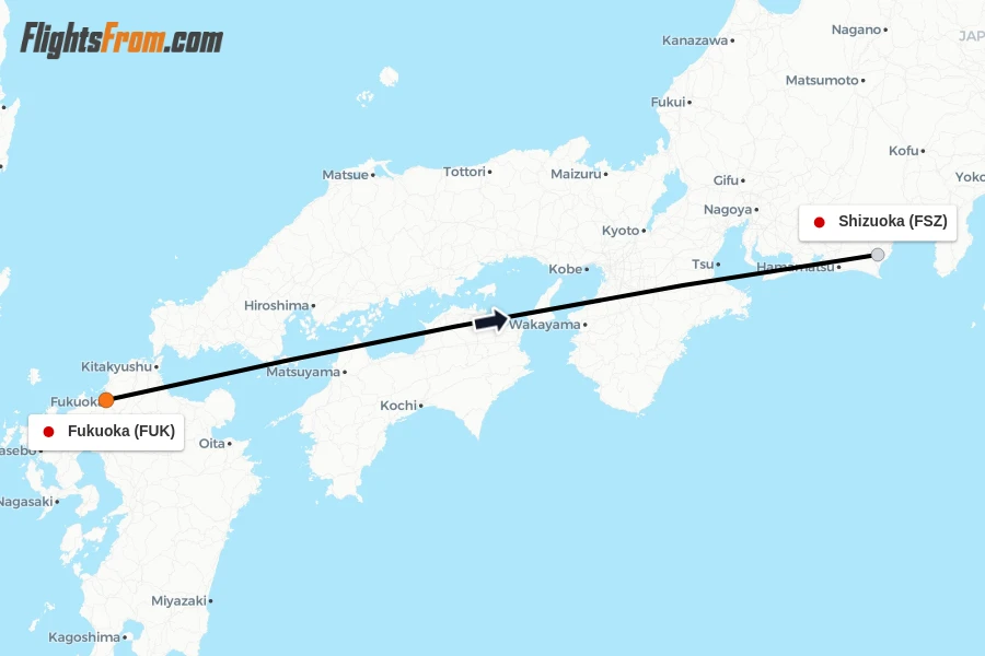 Flights from Fukuoka to Shizuoka route map