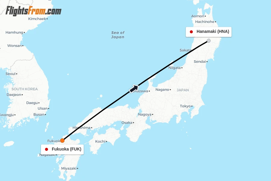 Flights from Fukuoka to Hanamaki route map