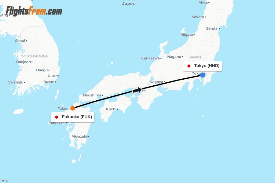 Flights from Fukuoka to Tokyo route map