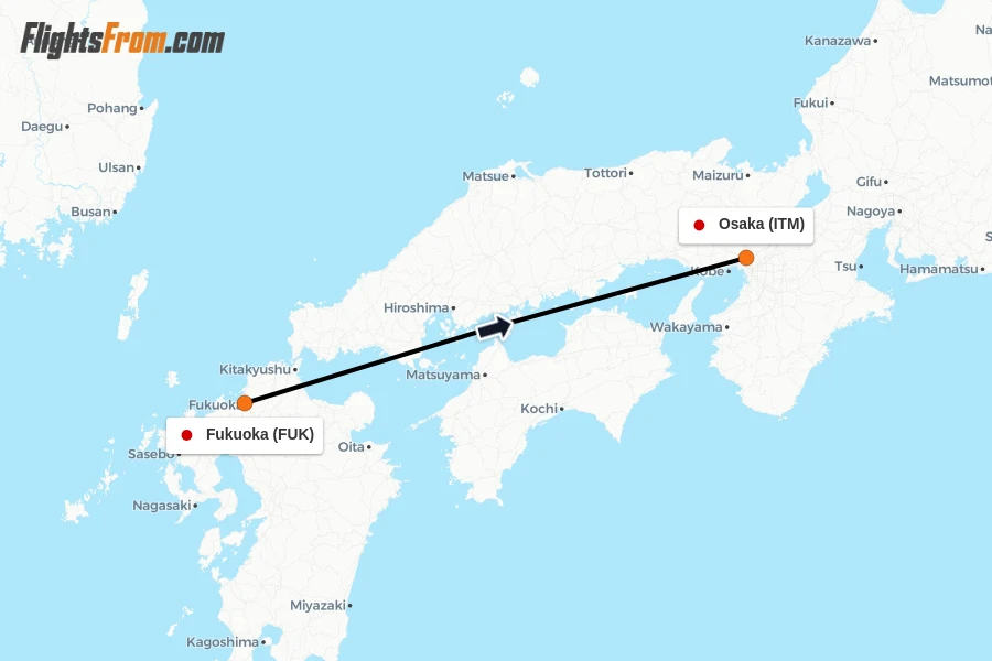Flights from Fukuoka to Osaka route map