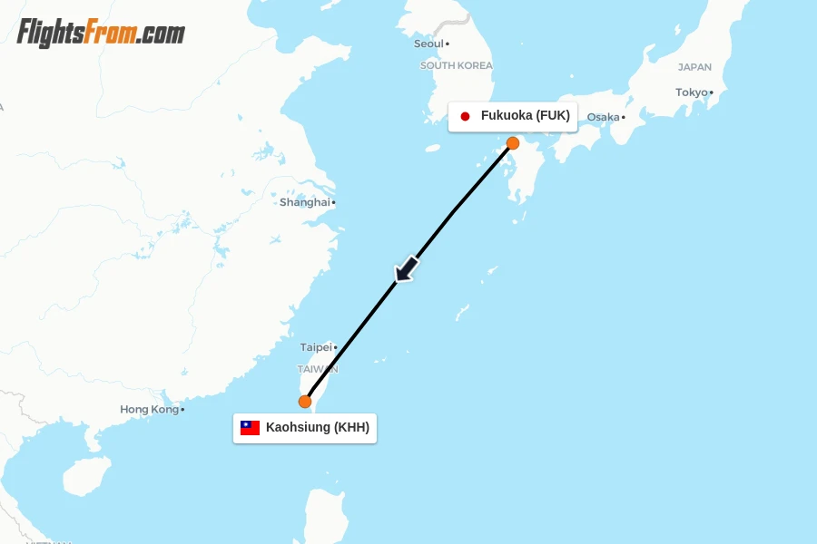 Flights from Fukuoka to Kaohsiung route map