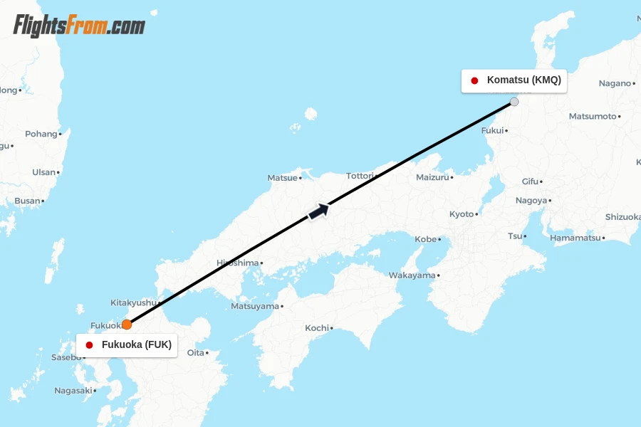 Flights from Fukuoka to Komatsu route map