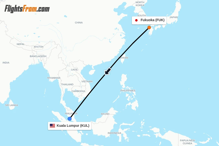Flights from Fukuoka to Kuala Lumpur route map