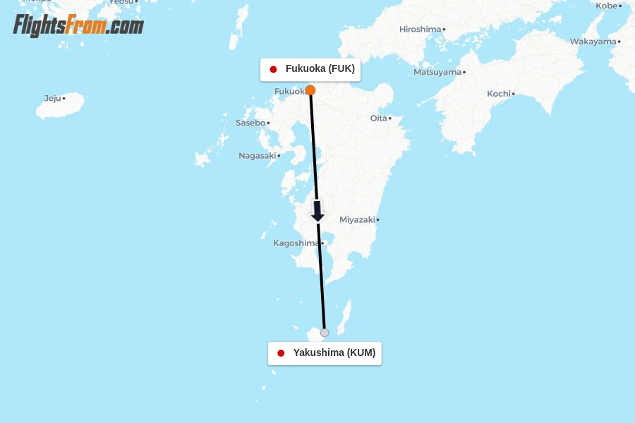 Flights from Fukuoka to Yakushima route map