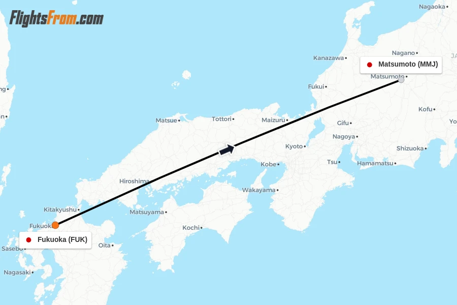 Flights from Fukuoka to Matsumoto route map
