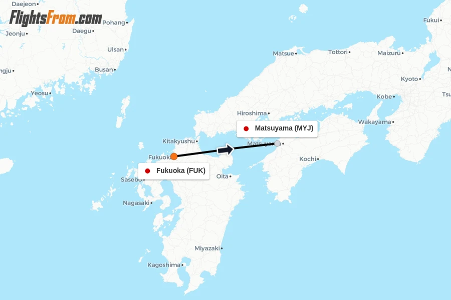 Flights from Fukuoka to Matsuyama route map