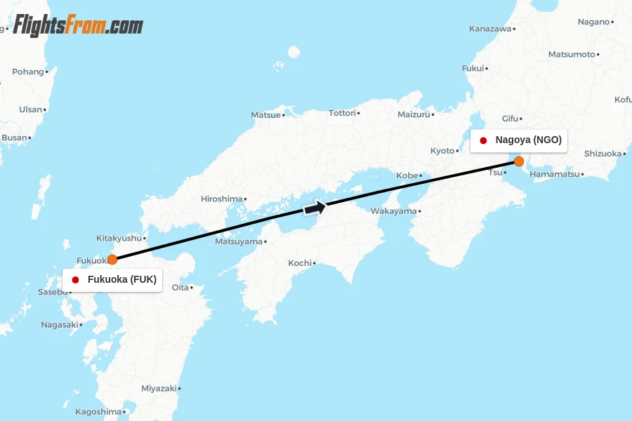 Flights from Fukuoka to Nagoya route map