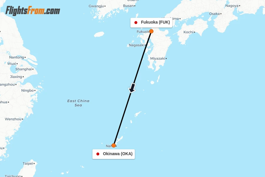 Flights from Fukuoka to Okinawa route map