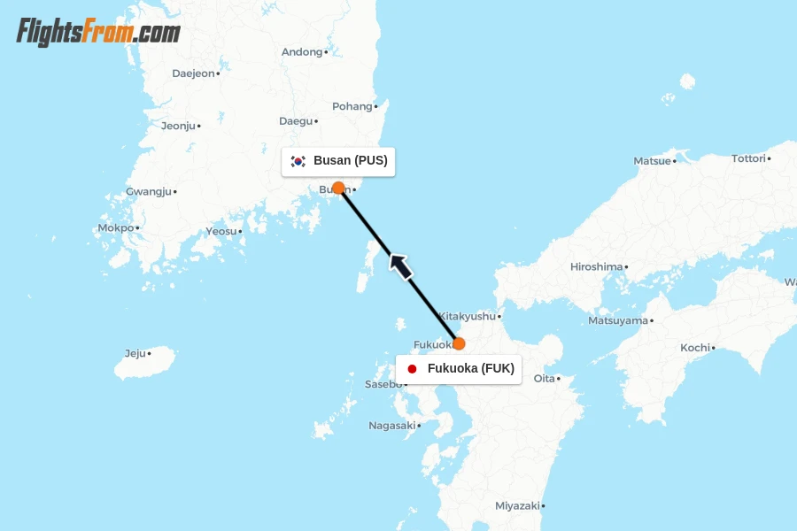 Flights from Fukuoka to Busan route map