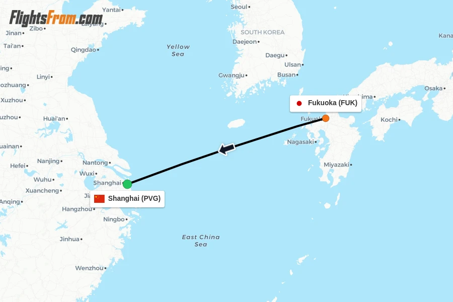 Flights from Fukuoka to Shanghai route map
