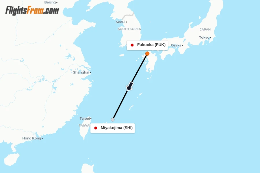 Flights from Fukuoka to Miyakojima route map