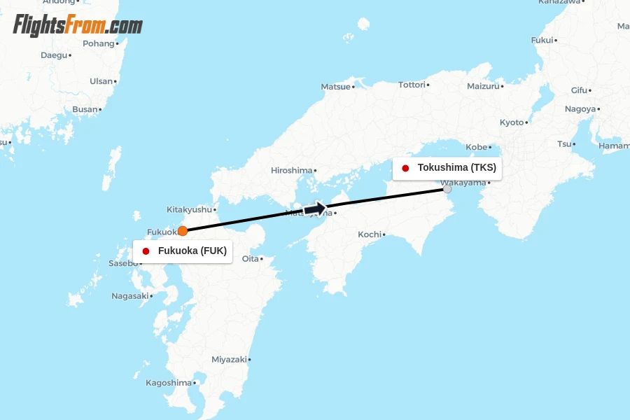 Flights from Fukuoka to Tokushima route map